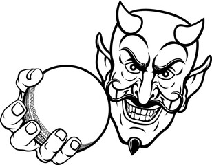 A devil or satan cricket sports mascot cartoon character holding a ball