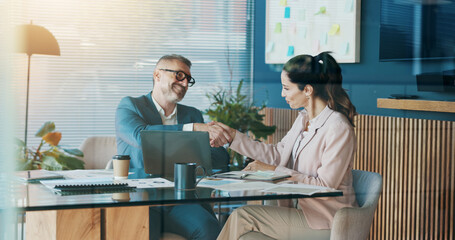 Shaking hands, deal or business people in office for partnership, collaboration or finance...