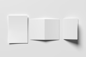 Flyer bifold brochure white blank square three panel roll fold opened on white.