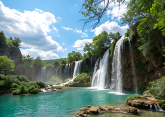 Fototapeta premium A beautiful waterfall surrounded by trees and a clear blue river. The water is calm and peaceful. A photo of a natural waterfall with multiple cascades of water flowing down the rocky cliff face.