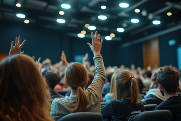 Audience raises hands during active seminar participation