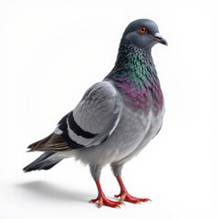 Colorful pigeon with iridescent feathers and bright orange eyes standing on white background, showcasing detailed plumage and vibrant colors, symbolizing peace and freedom