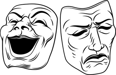 Theatre drama theater comedy tragedy masks in a vintage woodcut style