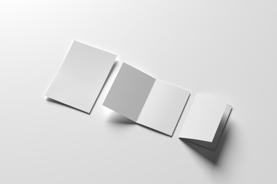 a4 Flyer mockup Vector white blank square four panel accordion fold opened on white background. 
