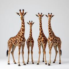 Obraz premium Group of four giraffes standing together against plain background, showcasing their long necks and distinctive spotted coats with calm and curious expression