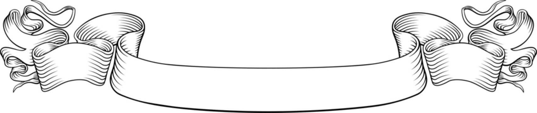 A scroll banner ribbon or paper parchment illustration in a vintage engraved etching style