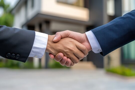 Businesspeople shaking hands after real estate deal