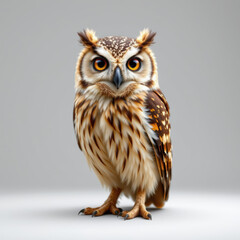Naklejka premium Detailed image of majestic owl with bright orange eyes and intricate feather patterns, standing neutral background, showcasing its sharp beak and alert expression, evoking sense of wisdom