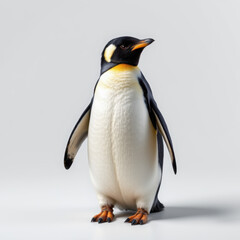 Fototapeta premium Close up of penguin standing on plain background, showcasing its black and white feathers with splash of orange on its beak and feet, conveying sense of curiosity and calmness
