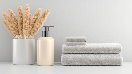 Beige Lotion Bottle with Soft Towels and Dried Flowers