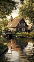 Obraz premium Quaint Canal House With Thatched Roof Reflected in Waterway with Lush Garden View