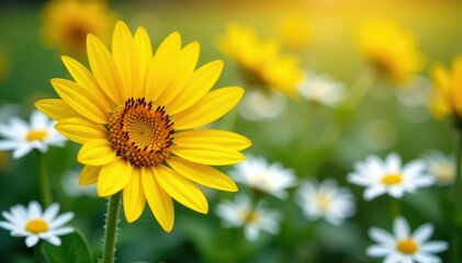Obraz premium One bright yellow sunflower among white daisies, floral, plant