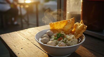 Steaming Bowl of Meatball Noodles with Crispy Wonton