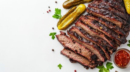 Sliced smoked brisket with pickles and sauce on white background.