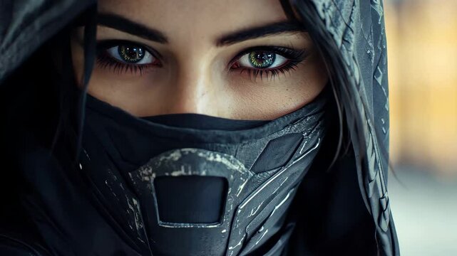 Futuristic female assassin in a closeup amidst a high-tech cityscape at night, Female assassin in futuristic city close-up