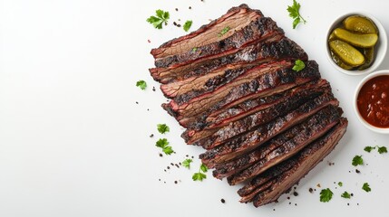 Sliced smoked brisket with pickles and BBQ sauce on white background.
