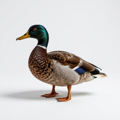 Obraz premium Realistic looking duck figurine with detailed feathers and vibrant colors, standing on plain white background, showcasing lifelike appearance and natural posture