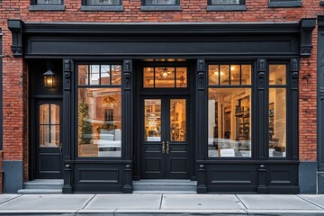 Vintage Black Storefront with Brick Wall Exterior in Urban Downtown City Aesthetic
