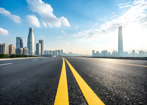 The road is empty and has a yellow line down the middle. A hyper-realistic perspective of a modern asphalt road with bright yellow double lines running down the center.