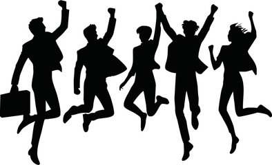 Vector silhouette of a group of young professionals jumping or celebrating together, startup team success, minimal black shapes, for business and innovation themes