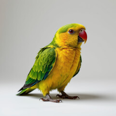 Obraz premium Colorful bird with bright green, yellow, and orange feathers, red beak, and dark eyes, standing on plain background, showcasing its vibrant plumage and cheerful expression