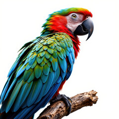 Fototapeta premium Colorful parrot perched on branch with vibrant feathers and expressive eyes, showcasing tropical bird beauty and exotic wildlife. Bright, detailed, and striking appearance