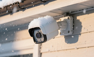 Weatherproof Security Camera Covered in Snow Demonstrating Winter Durability Mounted on Exterior Wall