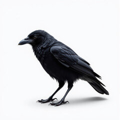 Fototapeta premium Black crow with detailed feathers and sharp beak, standing on white background, showcasing sleek and mysterious appearance, evoking curiosity and intrigue