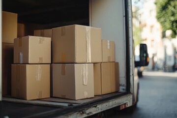 Close up of delivery truck with packed boxes