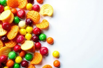 Obraz premium Pile of colorful candy, chips, and soda on white background, delicious, tasty