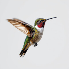 Fototapeta premium Colorful hummingbird in flight with detailed feathers and vibrant colors, isolated on plain background, showcasing its delicate wings and long beak, evoking sense of grace and agility