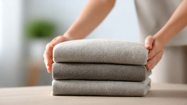 Neatly Folded Sweaters: A person's hands carefully arrange a stack of three neatly folded sweaters in varying shades of gray. The sweaters are soft and cozy-looking.