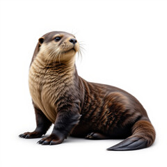 Young otter sitting on white background, looking alert and curious, with detailed fur and expressive eyes, showcasing adorable and playful nature of this marine mammal