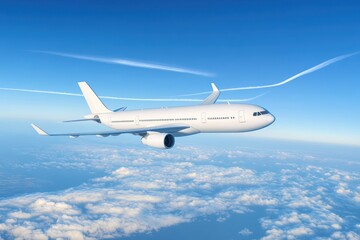 Obraz premium Airplane flying with visible contrails in blue sky