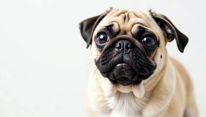Playful pug looking at camera, white background, happy pug, mammal