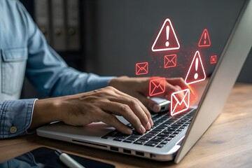 Spam email alert danger concept. person typing on laptop receives scam notification, illustrating cybersecurity risk and data breach threat in modern digital workspace.
