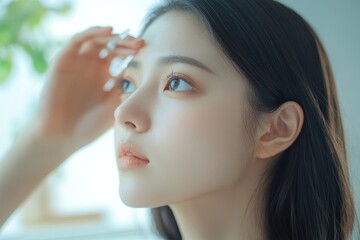Fototapeta premium Close up of a young woman with fair skin and dark hair looking upwards with hand near her face indoors