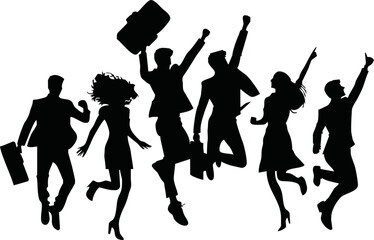 Vector silhouette of a group of young professionals jumping or celebrating together, startup team success, minimal black shapes, for business and innovation themes