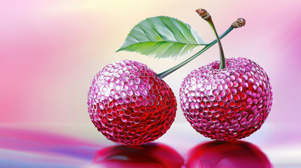 Two glossy, bubble-like fruits with a vibrant pink background, exuding freshness and charm.