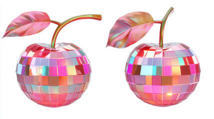A vibrant, reflective cherry design made of disco ball elements, showcasing playful colors and shiny textures.