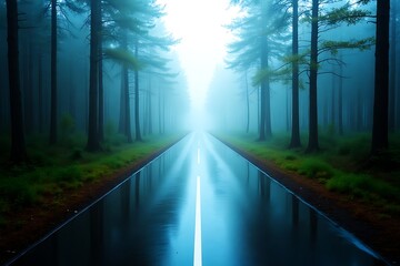 Obraz premium A runway made of mirrors cutting through a misty forest. 