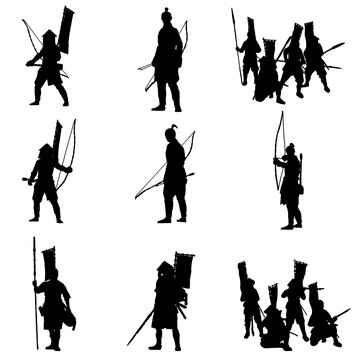 Silhouettes of Ashigaru Samurai Archers and Spearmen