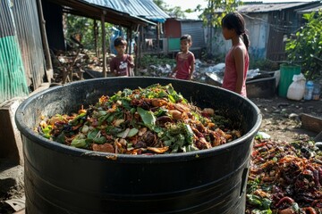 A large black container filled with organic waste with children in the background in a rural setting