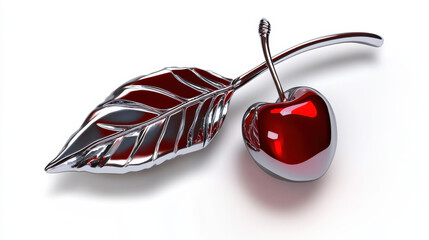 A shiny metallic cherry with a detailed leaf, showcasing a modern and artistic design against a white backdrop.