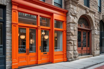 Naklejka premium Vibrant Orange Storefront Next to Historic Stone Wall in Downtown Urban Design