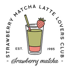 Strawberry matcha latte lovers club green tea retro fancy aesthetic wellness girl quotes shirt design logo. Healthy fresh fruit organic iced drink glass summer printable badge sticker clipart png.
