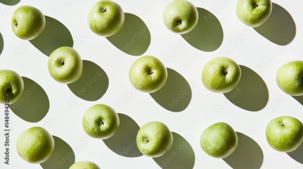 Poster flat lay of green apples arranged in a repeating pattern on a white background, casting shadows.