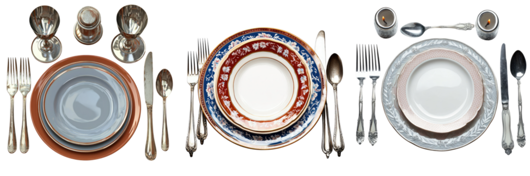 Elegant table settings featuring fine china and silverware.