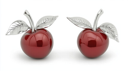 A pair of polished red apple sculptures with sleek silver leaves, showcasing modern design and elegance.