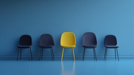 Five chairs stand in a row against a blue wall one chair is yellow.